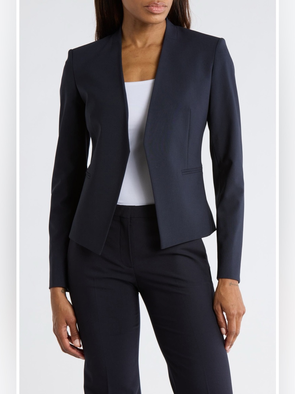 Theory Lanai Open Front Stretch Wool Blazer Navy Size 2 Career Office Jacket